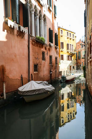 first person view of riding a gondola in the beautiful Grand Canal, Venice, Italyの写真素材