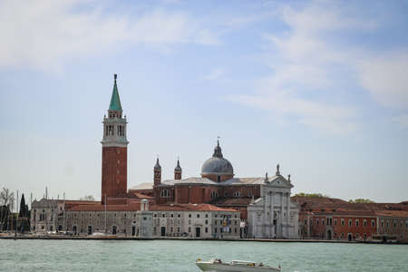 first person view of riding a gondola in the beautiful Grand Canal, Venice, Italyの写真素材