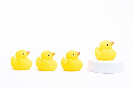 Leadership concept. A group of yellow rubber duck following the leaderの写真素材