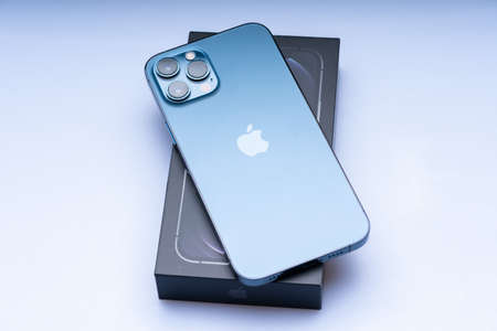 Kuala Lumpur, Malaysia - May 2021. The new iphone 12 pro max, pacific blue colourのeditorial素材