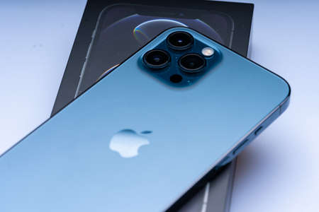 Kuala Lumpur, Malaysia - May 2021. The new iphone 12 pro max, pacific blue colourのeditorial素材