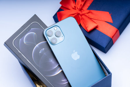 Kuala Lumpur, Malaysia - May 2021. The new iphone 12 pro max, pacific blue colourのeditorial素材