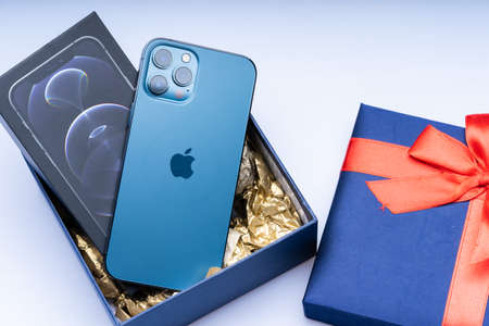 Kuala Lumpur, Malaysia - May 2021. The new iphone 12 pro max, pacific blue colourのeditorial素材