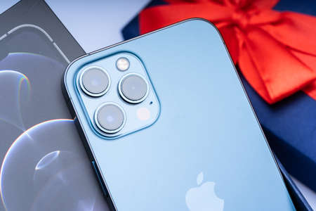 Kuala Lumpur, Malaysia - May 2021. The new iphone 12 pro max, pacific blue colourのeditorial素材