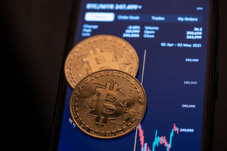 Cryptocurrency investment Concept. Bitcoin replica on white backgroundの写真素材