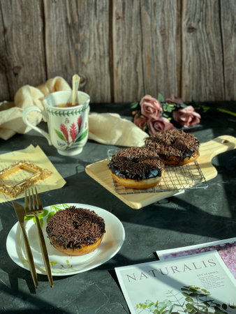 Chocolate Sprinkled Doughnuts during tea time. Vintage styleの写真素材