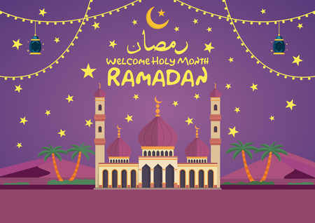 Welcome Holy Month Ramadan Celebration Background with the Mosque and the background of the desert at nightのイラスト素材