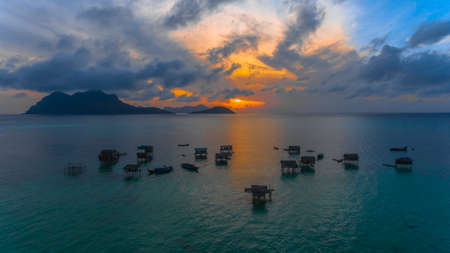Aerial view of Palauh settlement at Maiga Island shallow waterの写真素材