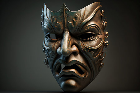 Masks with the theatre concept. 3d illustration. Studio shot.の素材