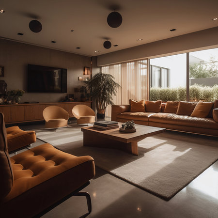 Interior of modern living room with brown leather sofa and wooden coffee table.の素材