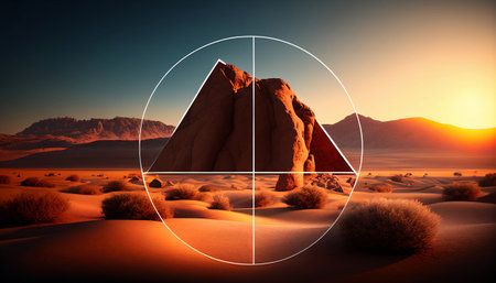 Triangle shape against scenic landscape in the desert with mountains and blue skyの素材