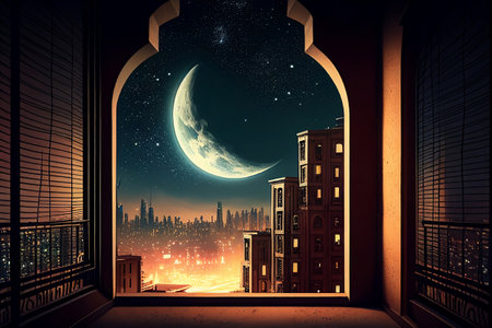 Night cityscape with moon and window. 3d render illustration.の素材