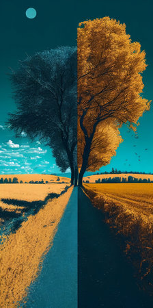 Collage of two seasons - autumn, winter and summer. Toned.の素材
