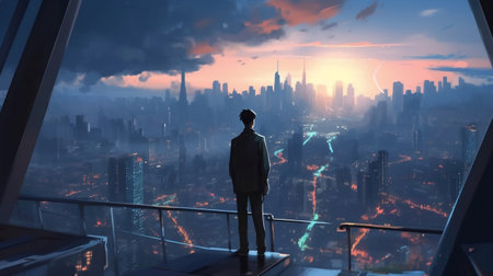 Businessman looking at the city from the observation deck. Mixed mediaの素材