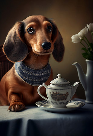 A Miniature Dachshund with a cup of tea.の素材