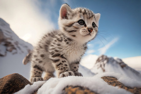 Beautiful bengal kitten in the snow on a sunny dayの素材