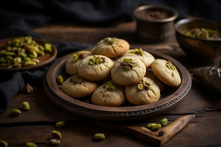 Homemade pistachio cookies on rustic wooden background, selective focusの素材