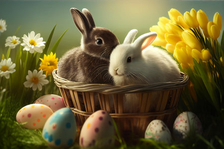 Easter bunny and eggs in a basket on green grass with flowersの素材