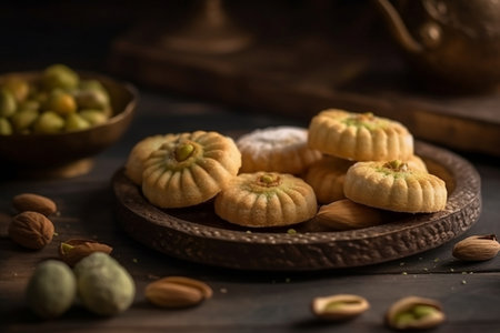 Traditional oriental sweets baklava with pistachios on wooden backgroundの素材