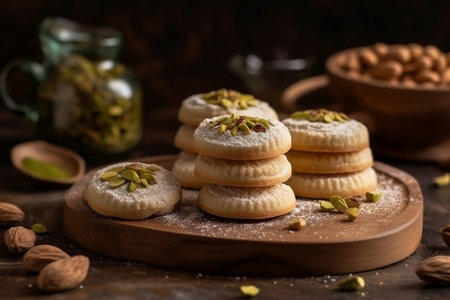 Homemade cookies with pistachios and almonds on a wooden backgroundの素材