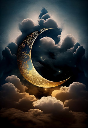 Ramadan Kareem background with crescent moon and clouds. Vector illustration.の素材