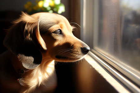 Cute little dachshund dog looking out the window.の素材