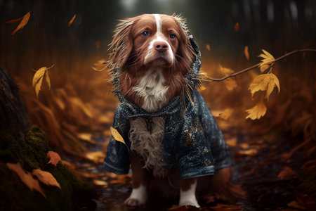 Cavalier King Charles Spaniel in a raincoat in the autumn forestの素材