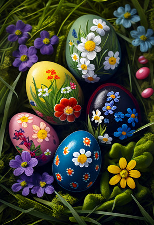 Colorful easter eggs with flowers and grass on a dark backgroundの素材