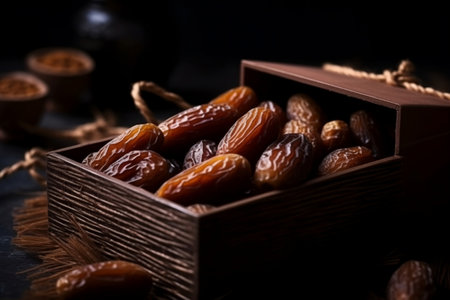 Dried dates in a wooden box on a dark background. Selective focus.の素材