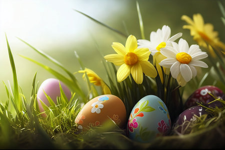 Easter eggs in grass with daffodils and daisiesの素材
