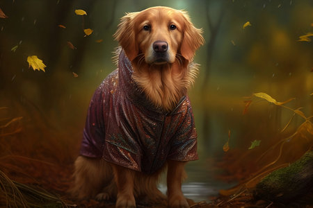 Golden Retriever in a raincoat sitting in the autumn forest.の素材