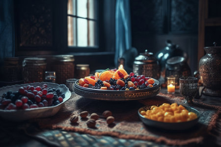 Still life with fruits and berries on the table. Selective focus.の素材