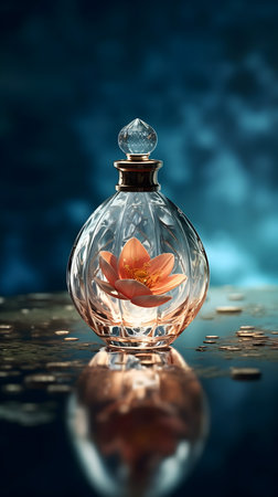 Perfume bottle with lily flower on dark blue background.の素材