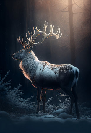 Fallow deer in the winter forest. 3d render illustration.の素材