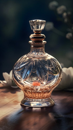 Vintage bottle of perfume on wooden table, close-up viewの素材