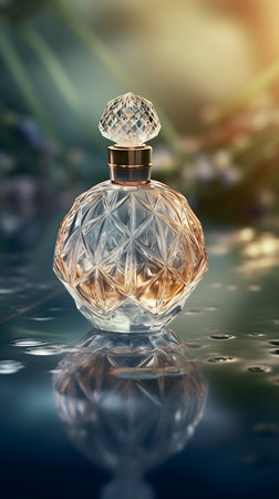 Perfume bottle with reflection on the water. 3d illustrationの素材