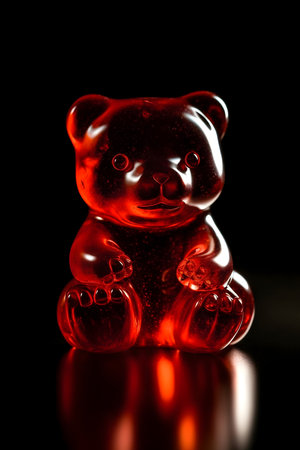 Red bear toy on a black background with reflection, close-upの素材