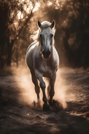 Beautiful white horse running on a dirt road in the forest.の素材
