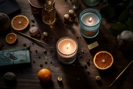Beautiful spa still life with candles and ornaments on wooden backgroundの素材