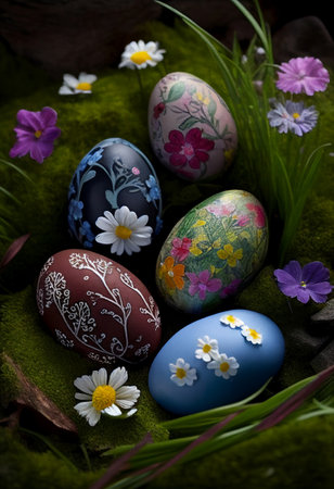 Easter eggs with flowers and grass on a dark wooden background.の素材