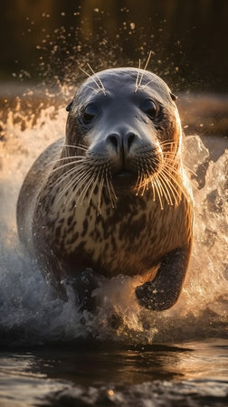 Close-up portrait of a seal on the water in the sunの素材