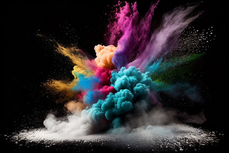 Explosion of colored powder isolated on black background. 3d renderingの素材