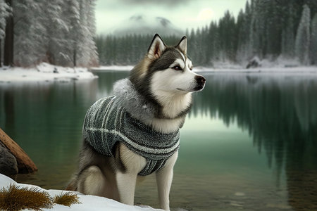 Siberian Husky in a knitted scarf on the shore of a mountain lakeの素材