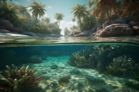Underwater view of tropical coral reef with palm trees, underwater landscapeの素材