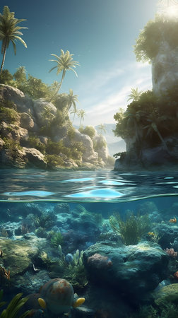 Underwater landscape with coral reef and tropical fish. 3d renderの素材