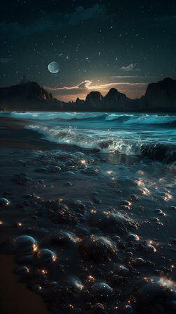 Night view of the sea with stars and moon. 3d renderingの素材
