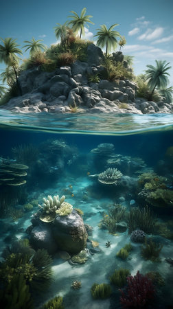 Underwater landscape with coral reef and tropical fish. 3d renderの素材
