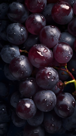 Close-up of a bunch of red grapes with water dropletsの素材