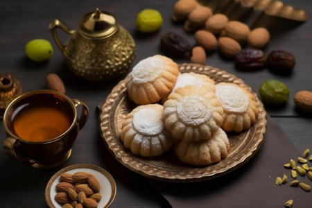 Traditional Arabian sweets on a dark wooden background. Sweets in the form of cookies.の素材