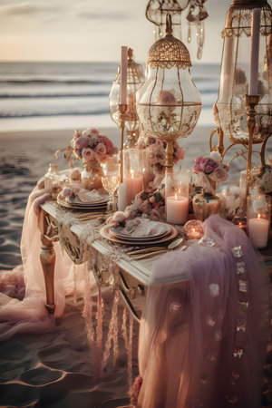 Wedding table setting on the beach at sunset. Wedding decorationsの素材